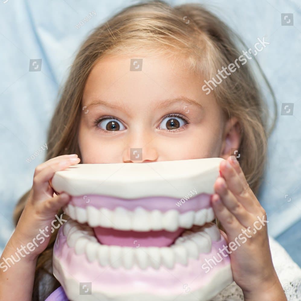 A girl from Chomp Dental playing with the prosthetic teeth.